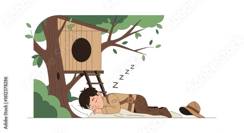 Relaxing Afternoon Nap Underneath A Charming Elevated Tree House Vector Design