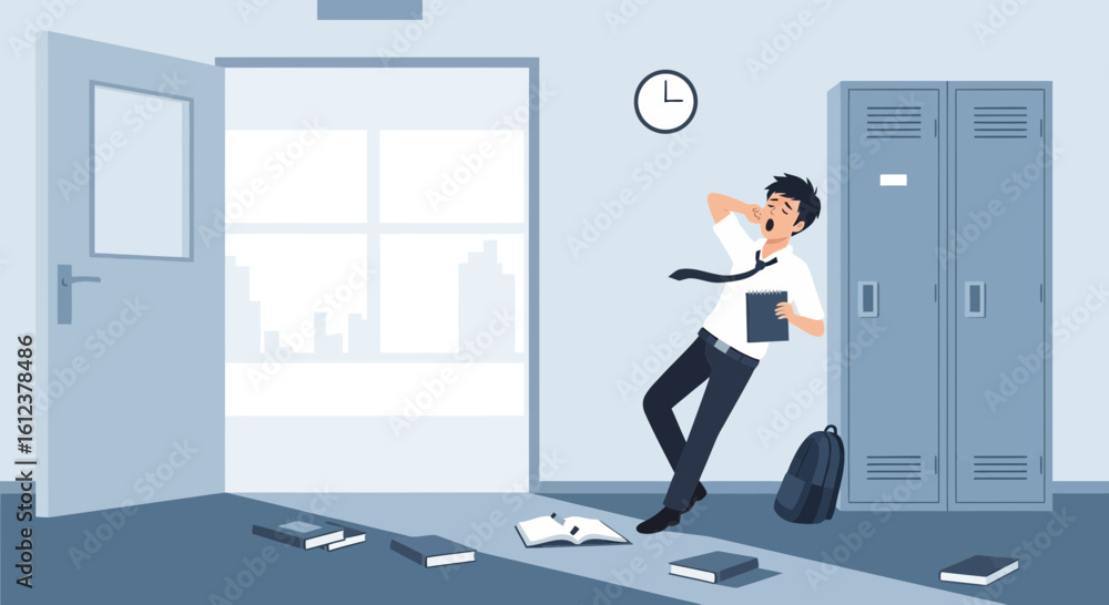 Fototapeta premium Tardy Student Rushing Through School Hallway While Yawning Late to Class