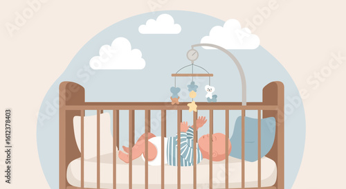 Sweet dreams baby sleeping peacefully in crib with mobile illustration design