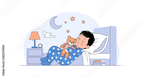 Sweet Dreams Boy Clinging to Teddy Bear Asleep in Bed Under Starry Night