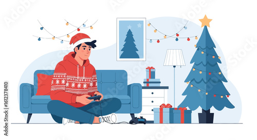 Relaxing Christmas Time With A Video Game At Home With Christmas Decoration