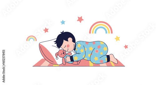 Sweet Dreams Little Boy Sleeping Peacefully With His Teddy Bear At Night