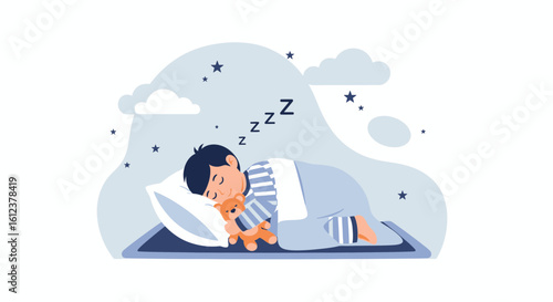 Sweet Dreams Little Boy Asleep With Teddy Bear Under Starry Sky