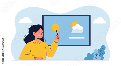 Woman Is Presenting Weather Forecast On Screen Board With Pointer Stick