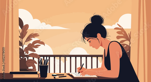 Woman Is Writing In Notebook Near Balcony At Sunset Golden Hour