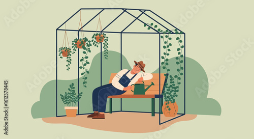 Relaxing Gardener Taking a Break in Greenhouse Filled With Potted Plants