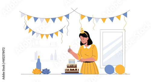 Woman Lights Candles on a Birthday Cake for a Celebration in a Festive Setting