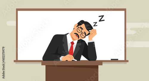 Teacher Asleep In The Classroom While Teaching After A Long Day