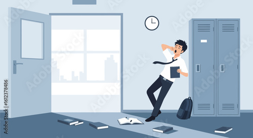 Tardy Student Rushing Through School Hallway While Yawning Late to Class