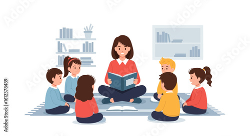 Teacher Reading To Children In Classroom Illustrative Story Time Scene