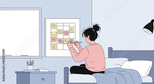 Woman Making Schedule At Home With Sticky Notes And White Board In Room