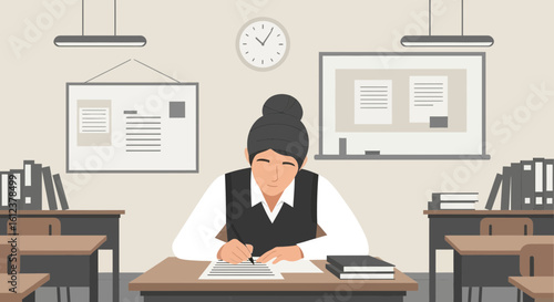 Teacher Works In Classroom Writing On The Paper With Books Illustration