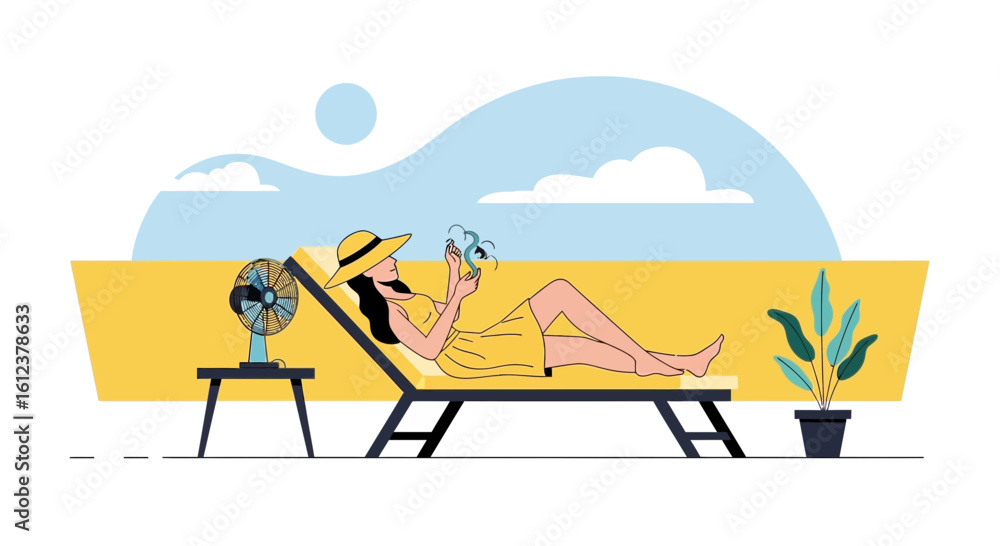 Obraz premium Relaxing Summer Day A Woman Lounging and Using Her Mobile Phone On The Beach