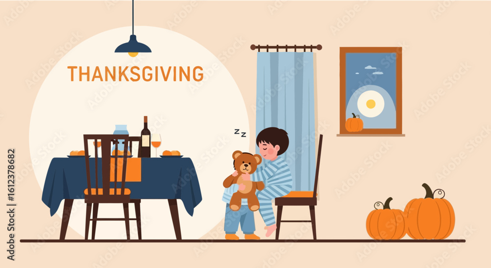 Fototapeta premium Thanksgiving Evening A Boy Sleeps With His Teddy Bear After Dinner