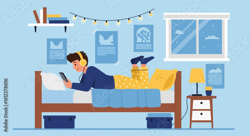 Teenager Enjoying Mobile Entertainment Lying On Bed In Room Interior Design