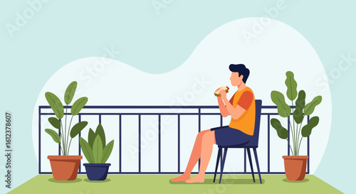 Relaxing Outdoor Meal A Man Enjoys Sandwich on Balcony Surrounded by Plants