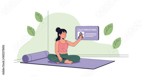 Woman Practicing Calm Breathing Techniques During Yoga Class At Home