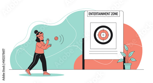 Woman Practicing With Ball Near Target At Entertainment Zone Area