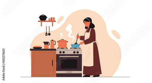 Woman Prepares A Meal In A Cozy Kitchen Illustration Perfect For Family Home Decor