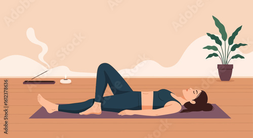 Woman Practicing Yoga Reclined Pose With Plant And Incense For Wellness