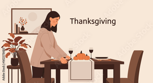 Woman Prepares A Thanksgiving Dinner Table Setting Decorations At Home