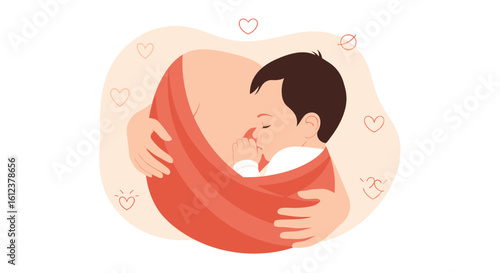 Tender Illustration Of Mother Holding Baby In Sling With Heart Accents