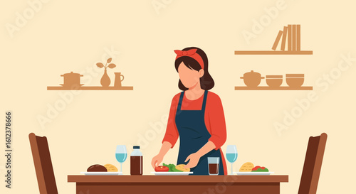 Woman Prepares And Sets A Table For A Meal At Home Or Restaurant