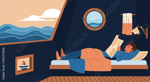 Relaxing Voyage: Man Enjoying Leisure Time Reading Newspaper in His Cabin