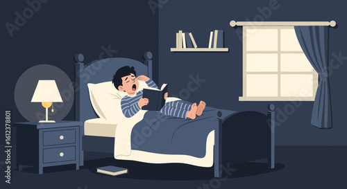 Tired Reader: A Young Boy Yawning While Reading in Bed at Night
