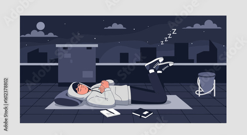 Restful Slumber Under The Stars On Rooftop In The Serene Night