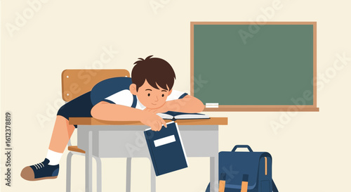 Tired Student Leaning On Desk with Chalkboard, Book and Bag in Classroom