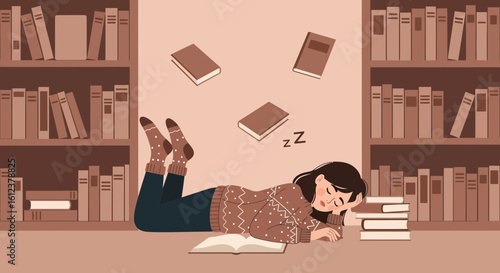 Tired Student Napping In The Library Surrounded By Floating Books After Studying
