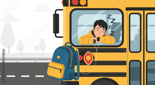Tired Student Sleeping On School Bus After Exhausting Class Day Journey