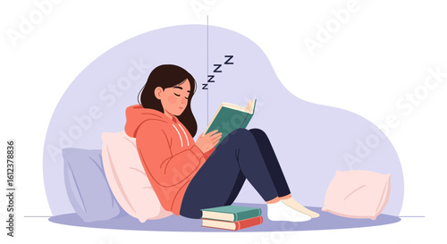 Tired Student Falling Asleep While Studying On A Pillow Surrounded By Books