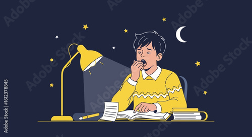 Tired Student Studying Late Night Preparing For The Examination Or Coursework