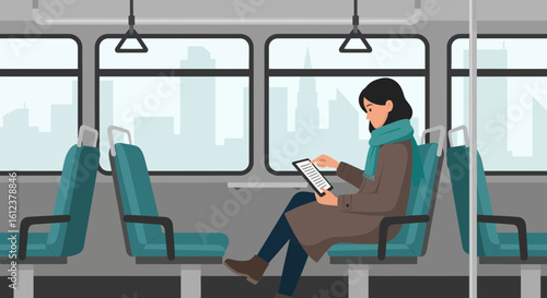 Woman Reading E-book on a Train Commuting Through the City Skyline