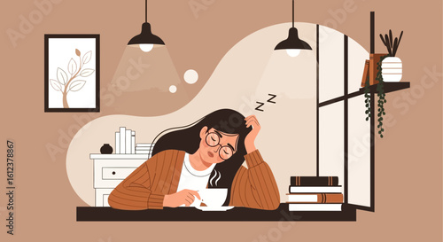 Tired Woman Taking a Nap While Drinking a Coffee at Workplace
