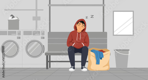 Tired Young Man Napping While Waiting His Laundry At Laundromat Illustration