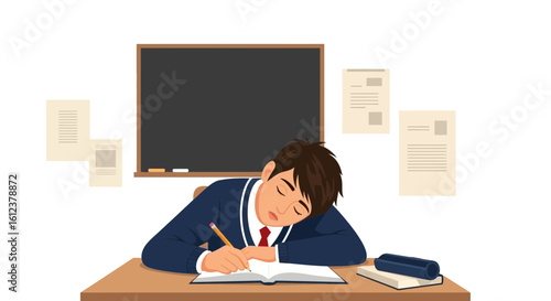 Tired student slumped over desk in classroom illustration depicting exhaustion during studies with a chalkboard backdrop and scattered papers