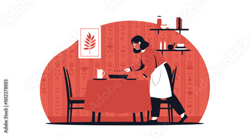 Retro Illustration Of A Woman Serving Pie In A Cozy Dining Room