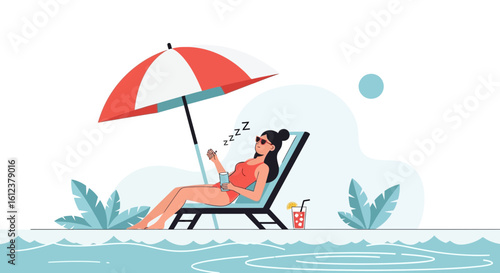 Woman Relaxing On Beach With Umbrella, Cocktail And Tropical Scenery
