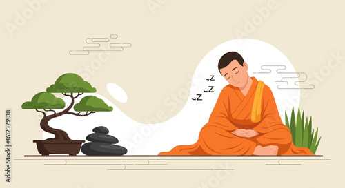 Zen Monk Meditating And Sleeping Peacefully Next to A Bonsai Tree Illustration