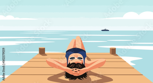 Woman Relaxing On Wooden Pier Enjoying Summer Vacation Calm Atmosphere