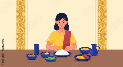 Traditional Meal Illustration Featuring Woman Serving Rice and Various Dishes