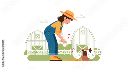 Rural Scene Featuring A Farm Woman And Her Chickens Around The Barn