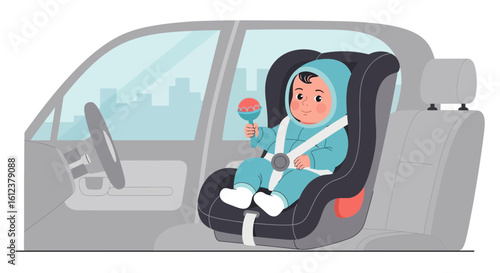 Safe Ride Little Traveler, Cute Baby With Rattle Enjoying Car Travel