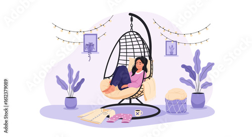 Woman Resting In Cozy Hanging Chair Enjoying Peaceful Moment At Home
