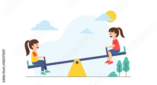 Two cheerful girls enjoying playtime on a see-saw under a sunny sky illustration