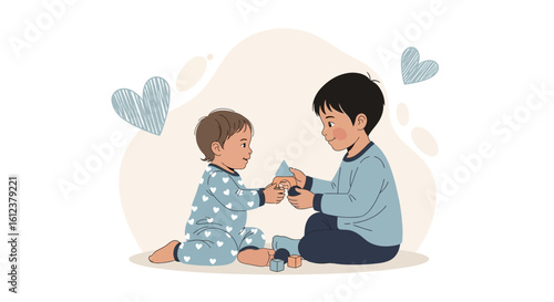 Two brothers playing with wooden building blocks showing love and support for each other