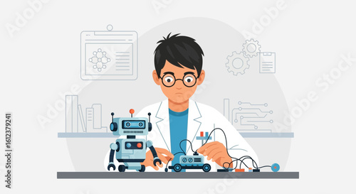 Scientist building a robot in a laboratory, focusing on technological advancements and engineering projects